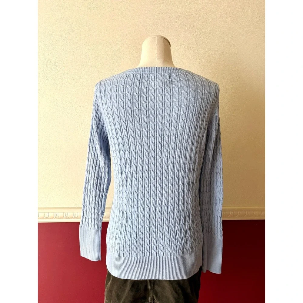 Vintage Y2K Eddie Bauer Light Blue Cable Knit Henley Sweater Scoop Neck M Preppy